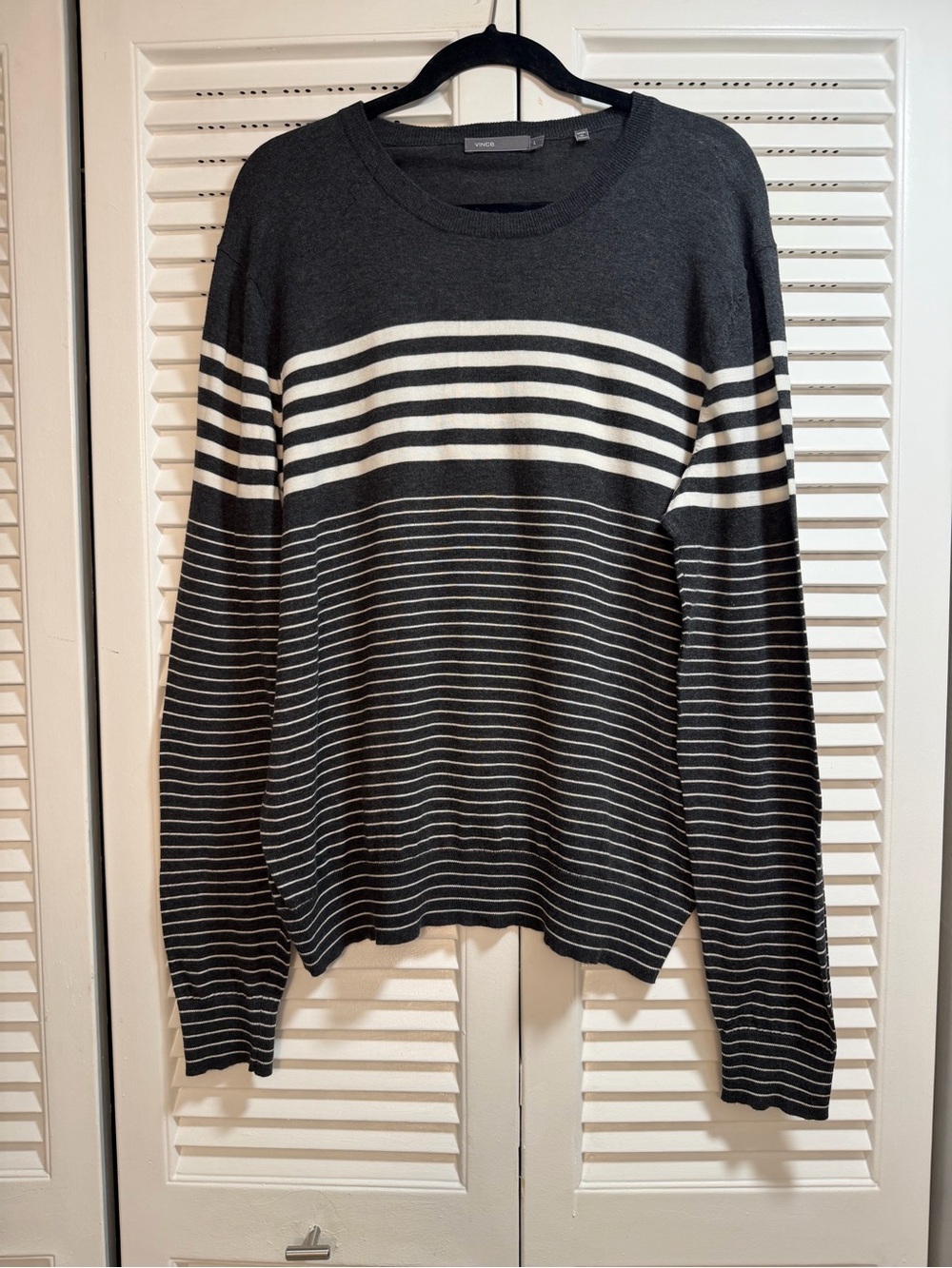 Vince Charcoal Gray and White Striped Crewneck Sweater - Men
